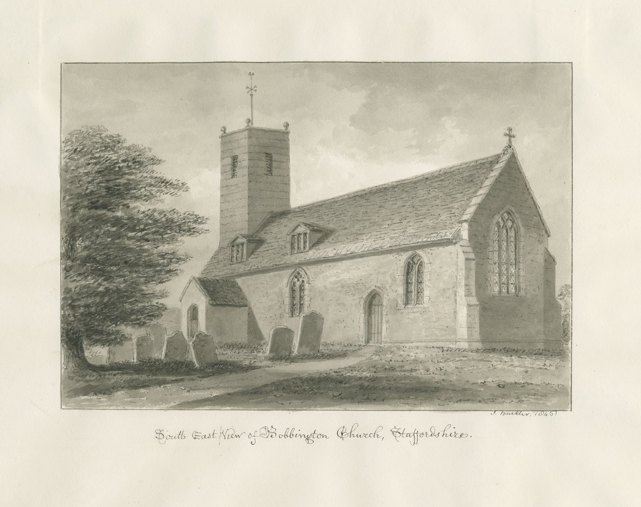 Bobbington Church: sepiateckning av John Buckler