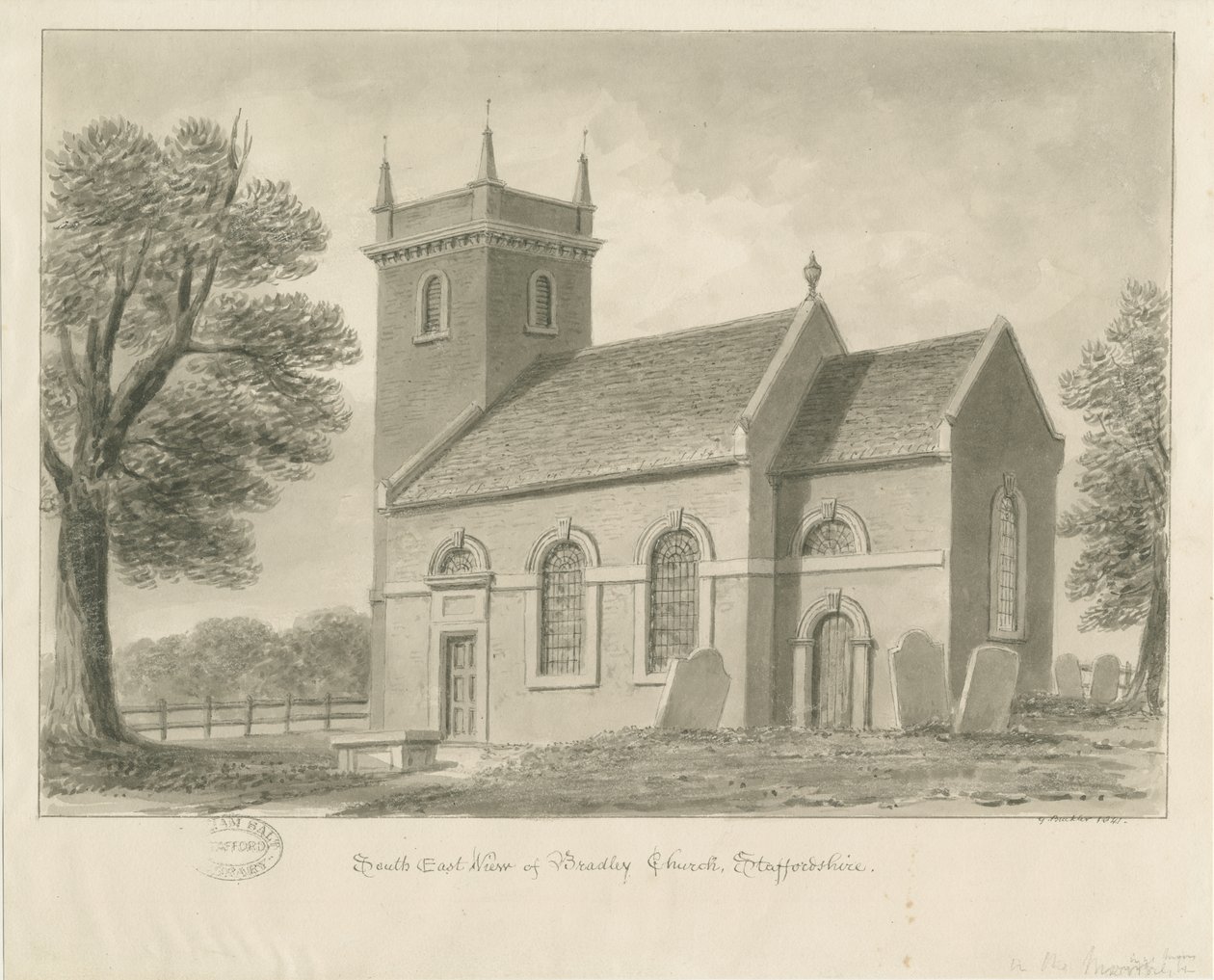 Bradley-in-the-Moors Church: sepiateckning, 1841 av John Buckler