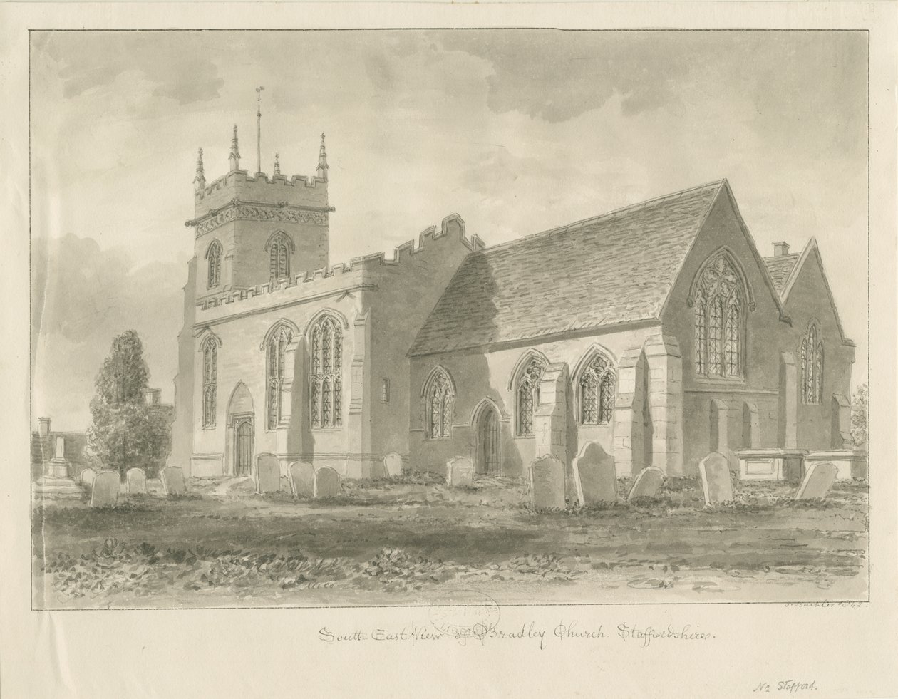 Bradley Church: sepiateckning, 1842 av John Buckler