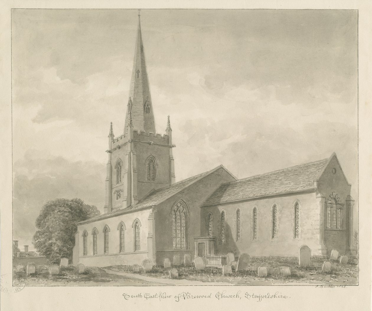 Brewood Church: sepiateckning av John Buckler