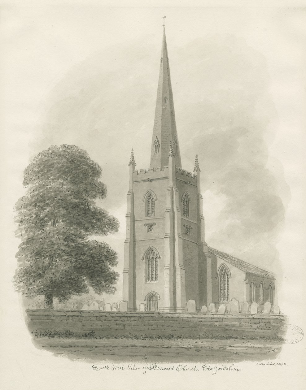 Brewood Church: sepiateckning, 1843 av John Buckler