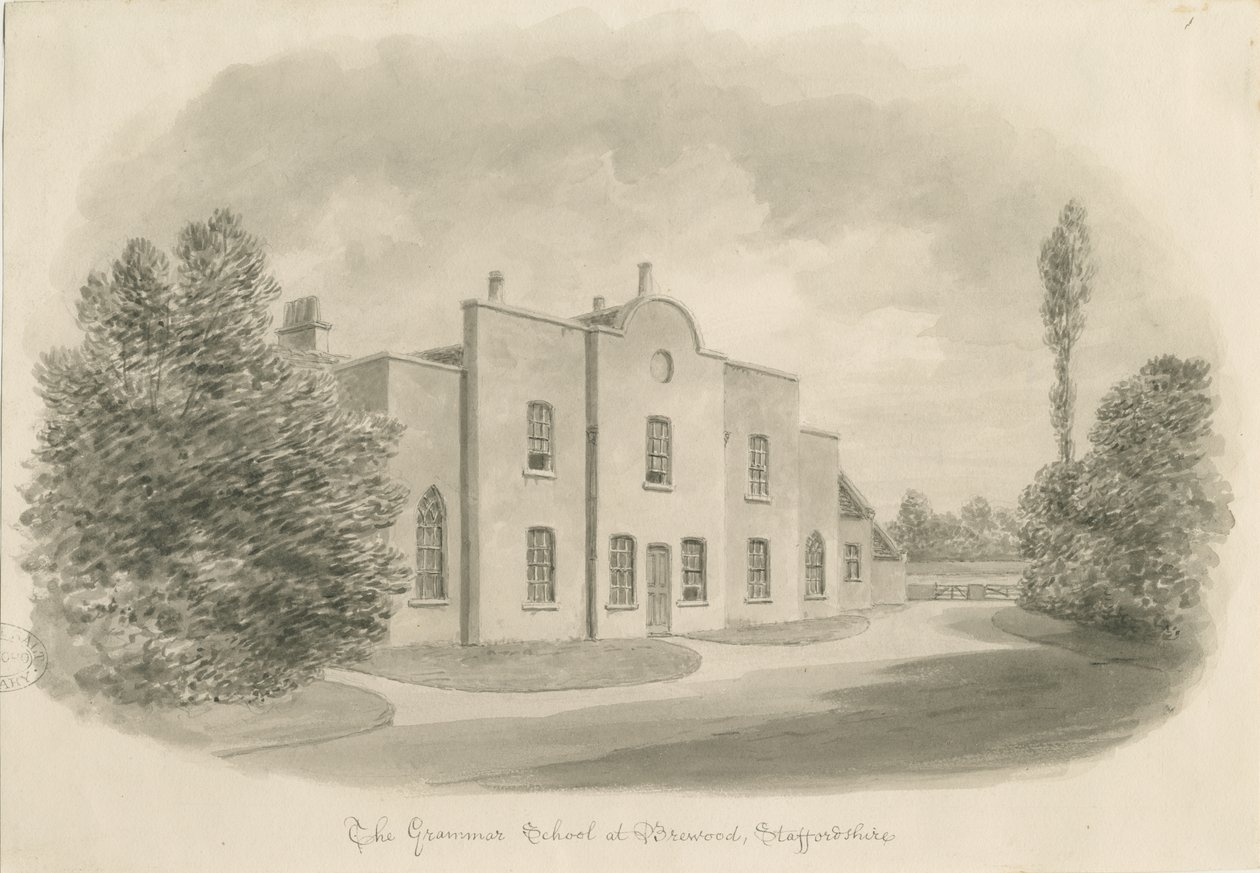 Brewood Grammar School: sepiateckning, nd [c 1842] (teckning) av John Buckler