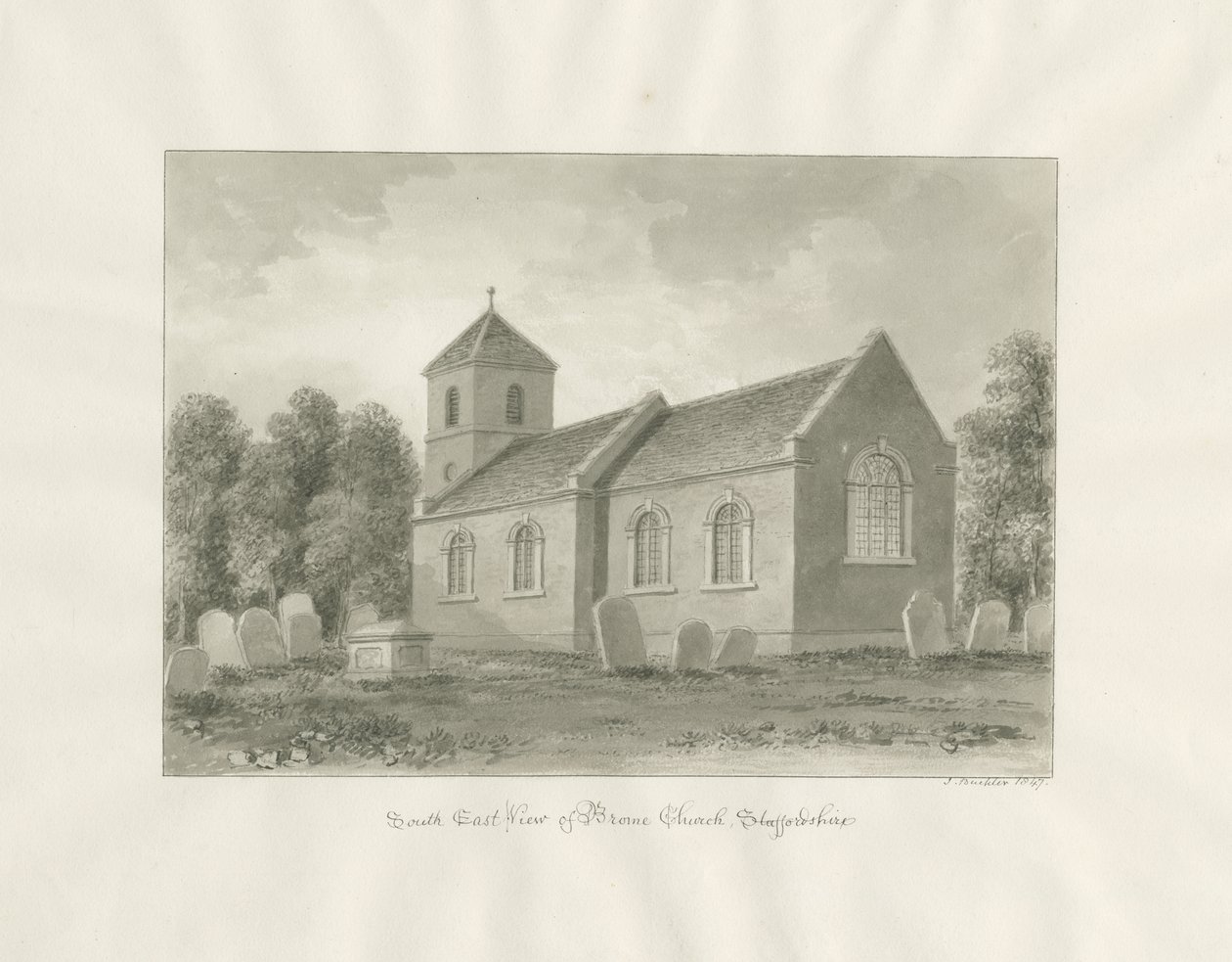 Broom (nu Worcestershire) kyrka: sepiateckning av John Buckler