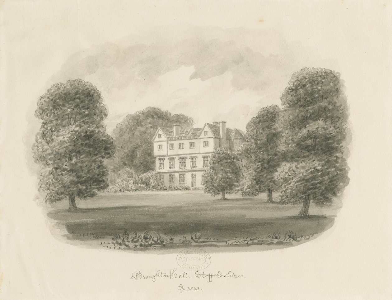 Broughton Hall: sepiateckning av John Buckler