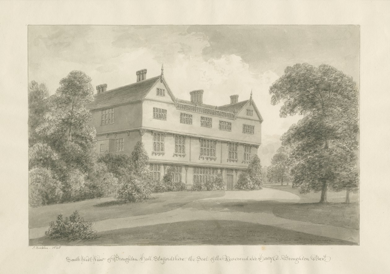 Broughton Hall: sepiateckning, 1848 av John Buckler