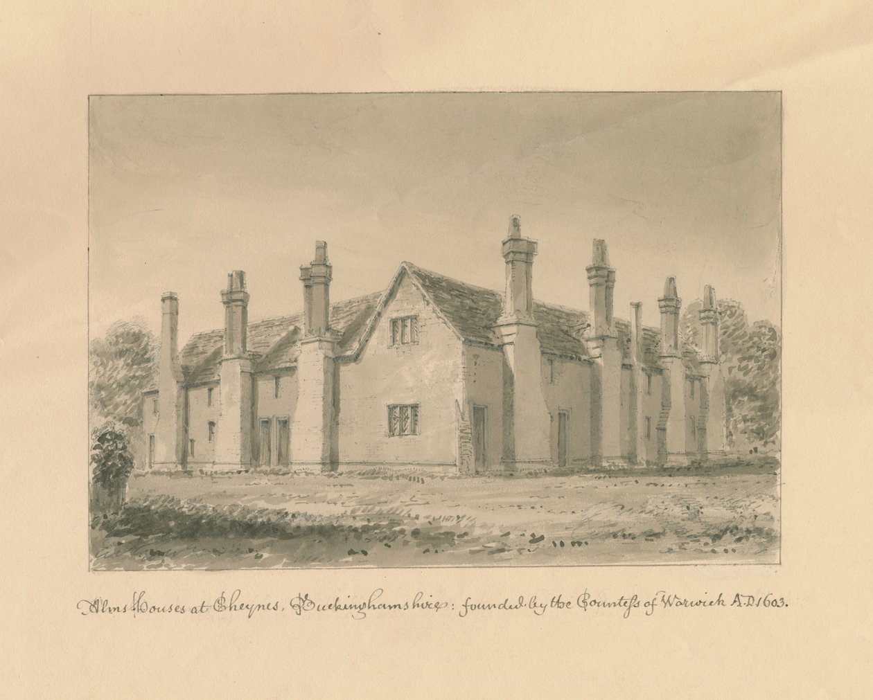 Buckinghamshire - Chenies Hall - Alms Houses: sepiateckning, 1824 av John Buckler