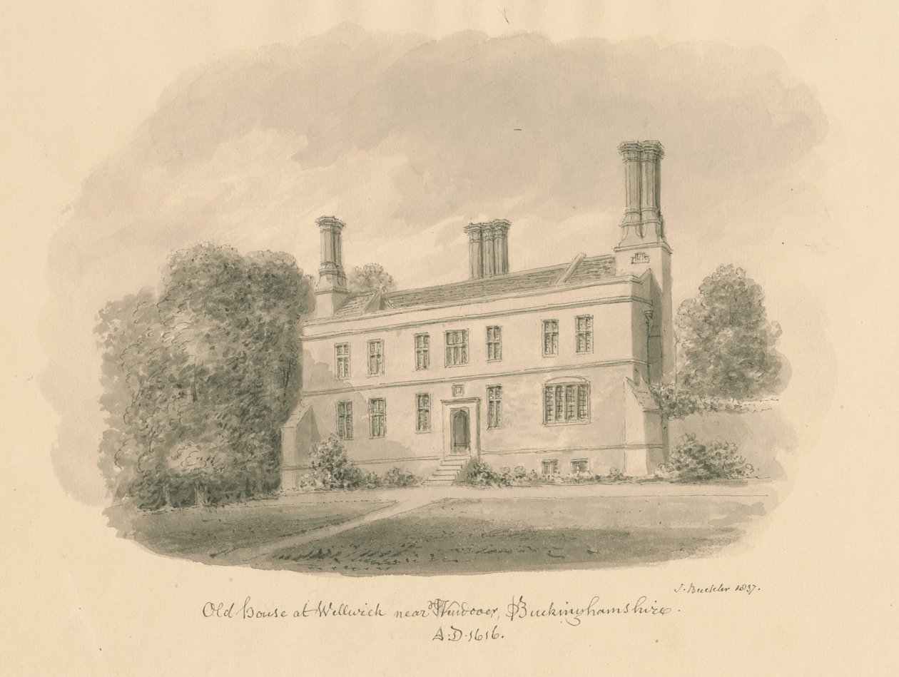 Buckinghamshire - Wellwick - Old House: sepiateckning vinjetterad, 1837 av John Buckler
