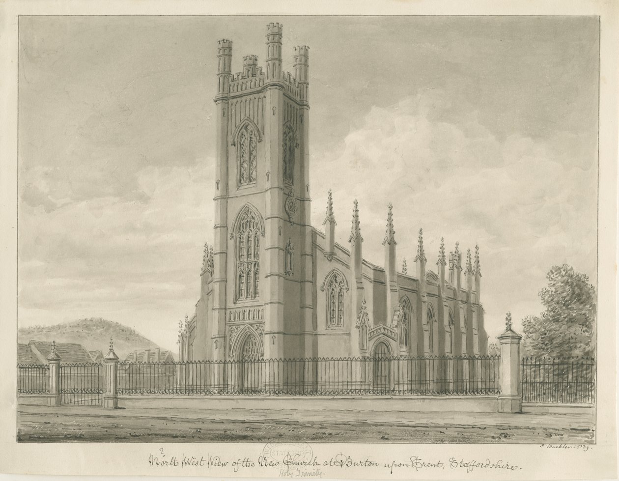 Burton-upon-Trent - Holy Trinity Church: sepiateckning, 1839 av John Buckler