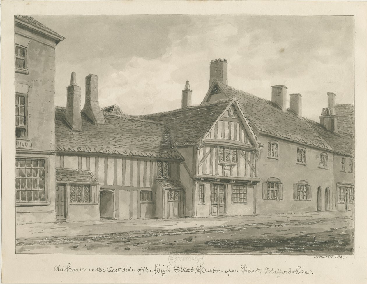 Burton-upon-Trent - Gamla hus på High Street: sepiateckning av John Buckler