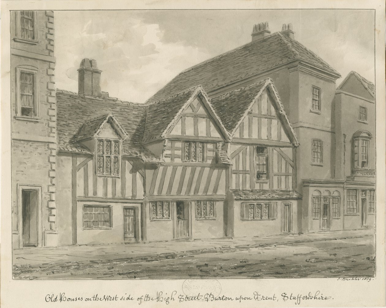 Burton-upon-Trent - Old Houses on High Street: sepiateckning, 1839 av John Buckler