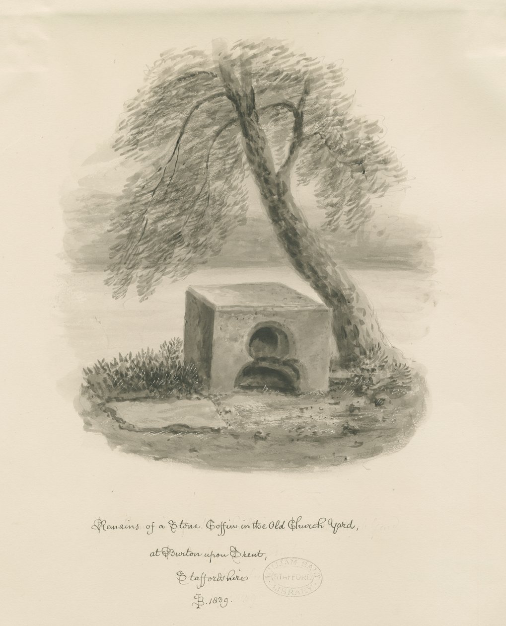 Burton-upon-Trent - Stenkista på Old Churchyard: sepiateckning av John Buckler