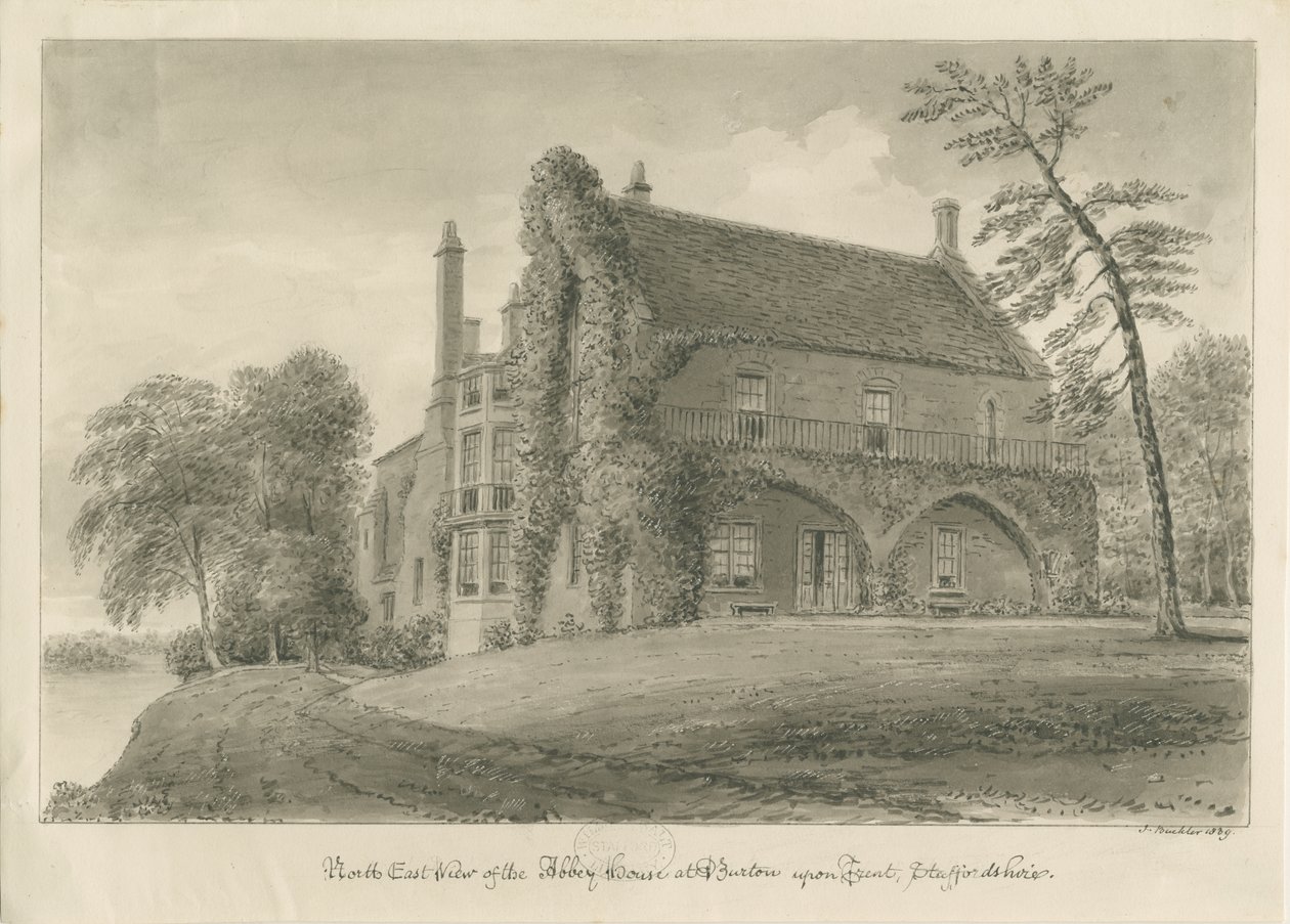 Burton-upon-Trent Abbey: sepiateckning av John Buckler
