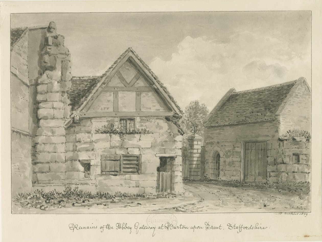 Burton-upon-Trent Abbey: sepiateckning av John Buckler