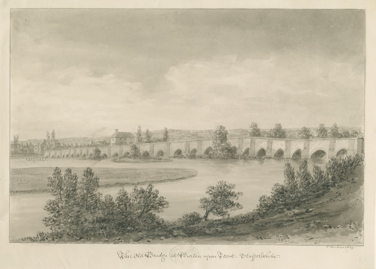 Burton-upon-Trent Bridge and Town: sepiateckning av John Buckler