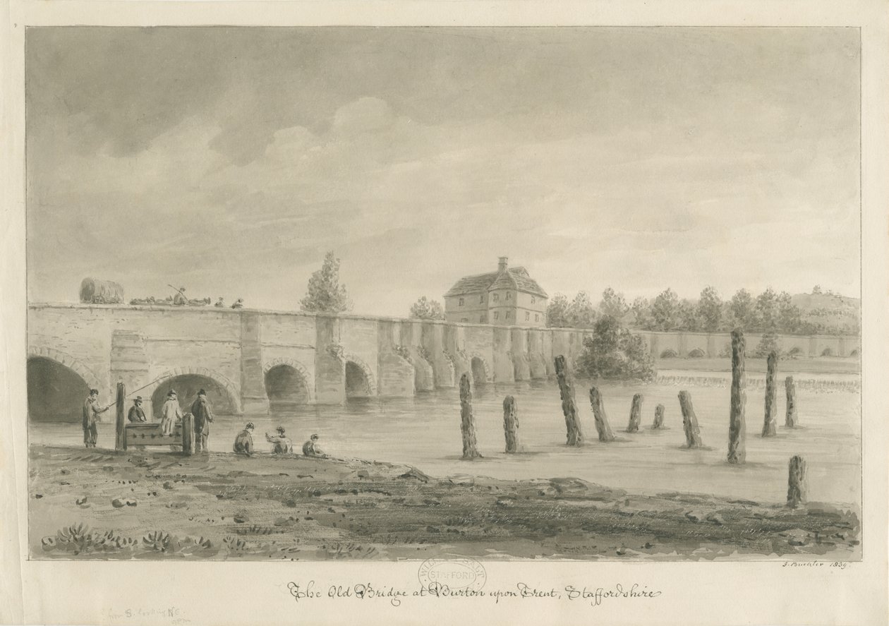 Burton-upon-Trent Bridge and Town: sepiateckning, 1839 av John Buckler
