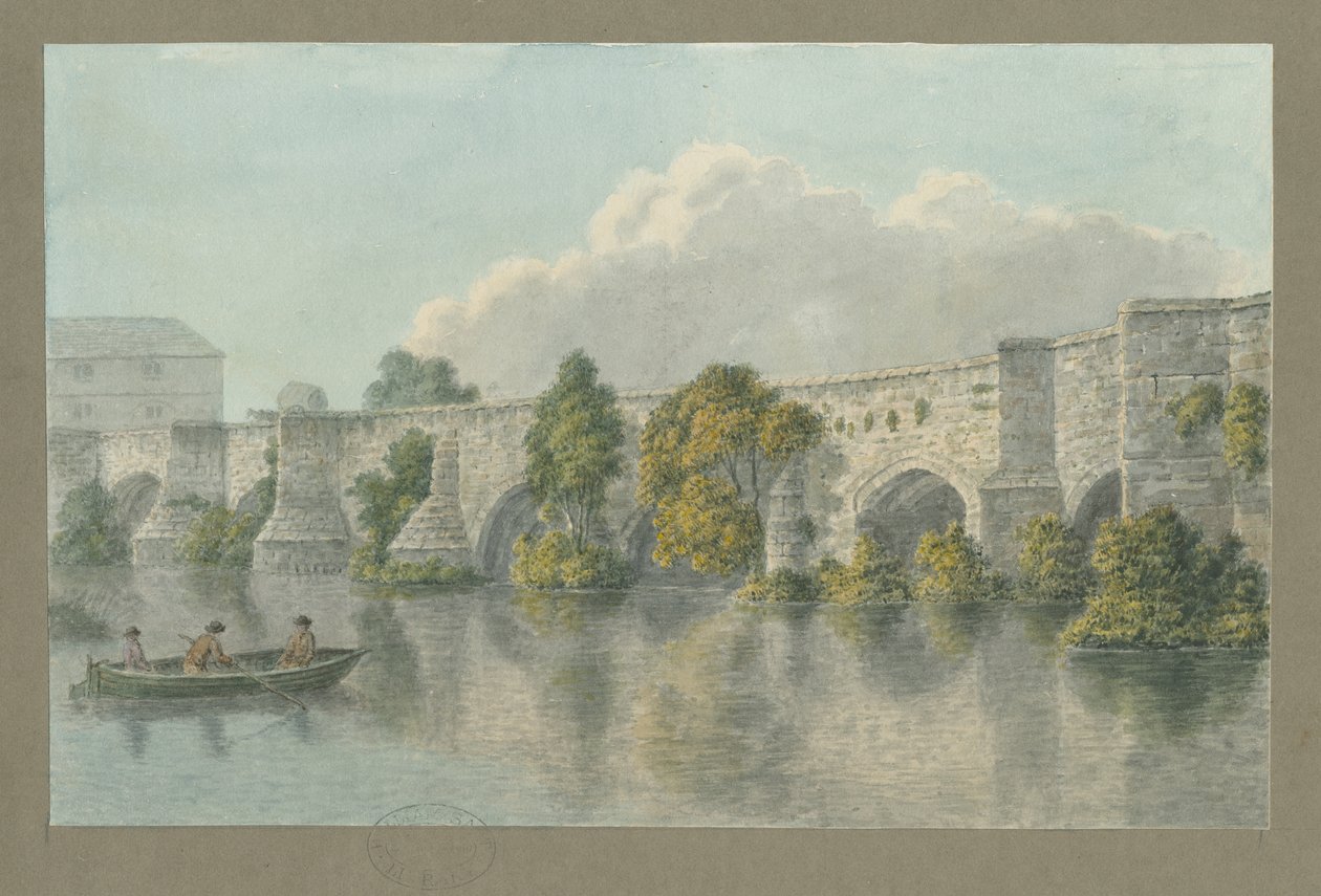 Burton-upon-Trent Bridge and Town: akvarellmålning och [?1700-talet] av John Buckler