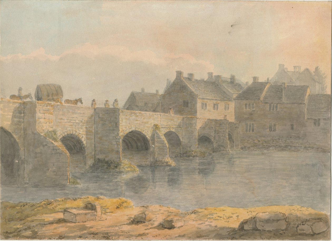 Burton-upon-Trent Bridge and Town: akvarellmålning och [?1700-talet] av John Buckler