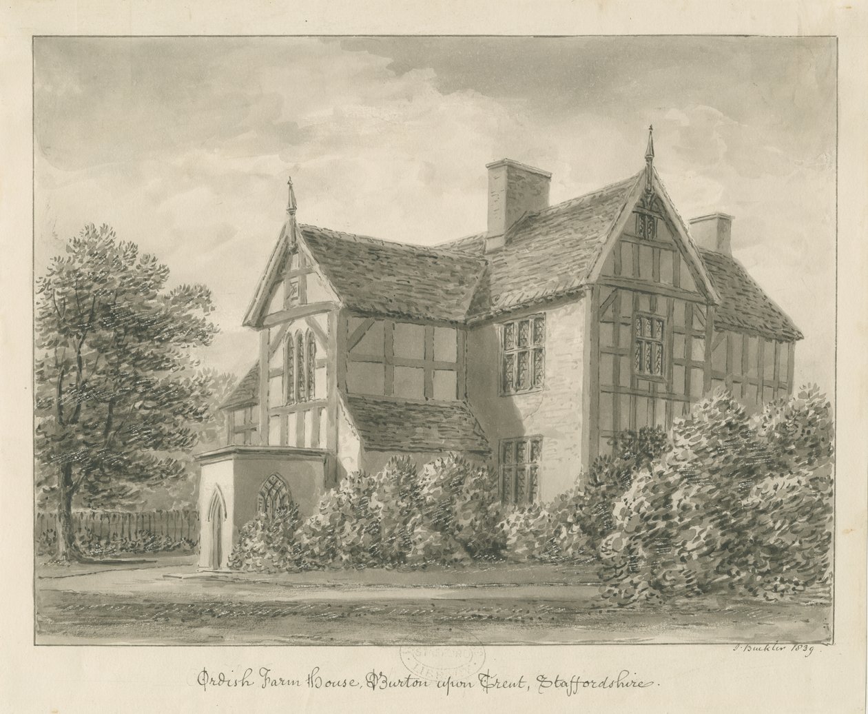 Burton-upon-Trent: Ordish Farm House: sepiateckning, 1839 av John Buckler
