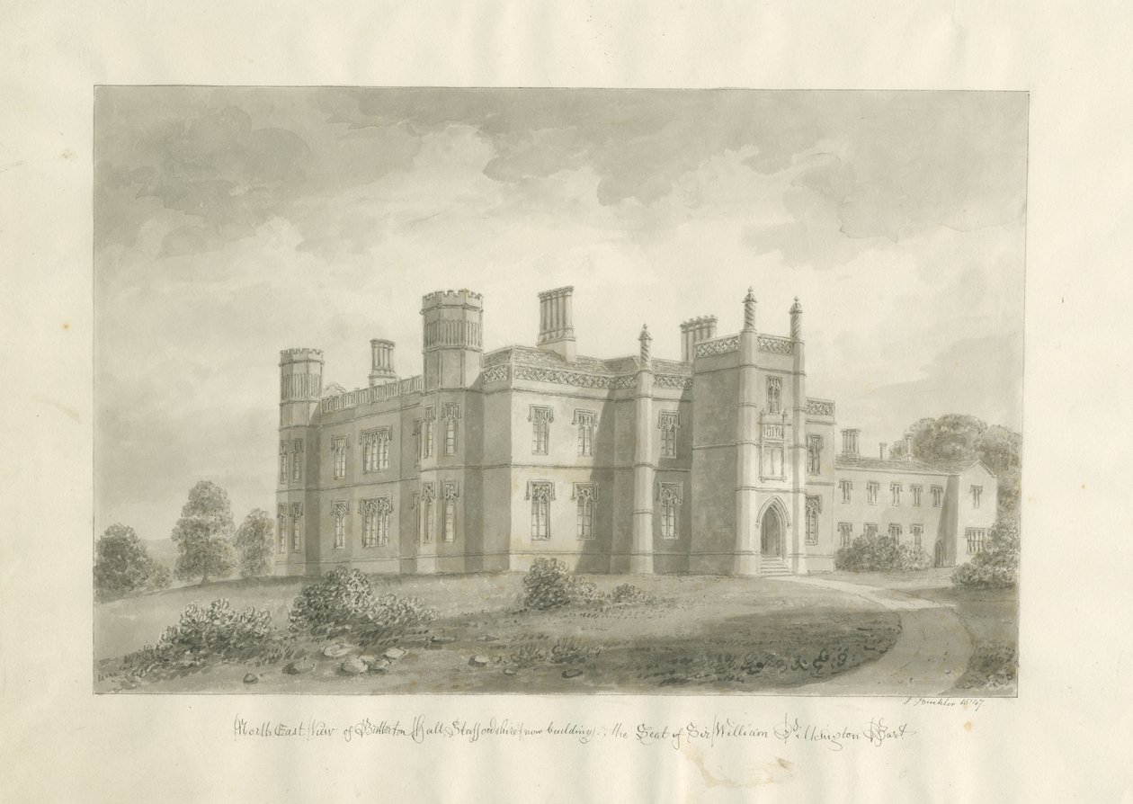 Butterton Hall: sepiateckning av John Buckler