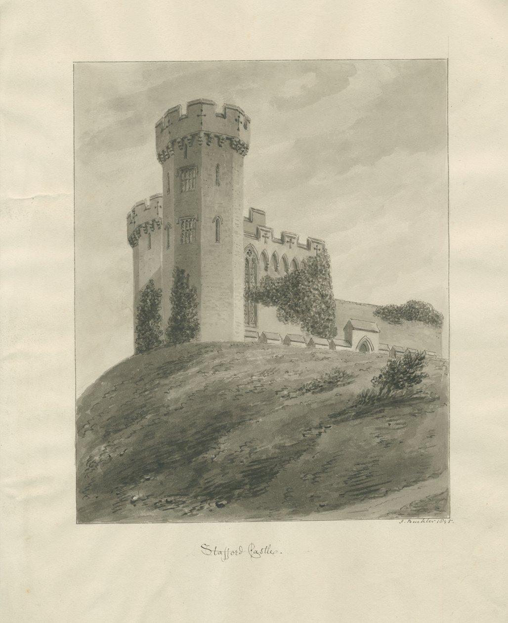 Castle Church - Stafford Castle: sepiateckning av John Buckler
