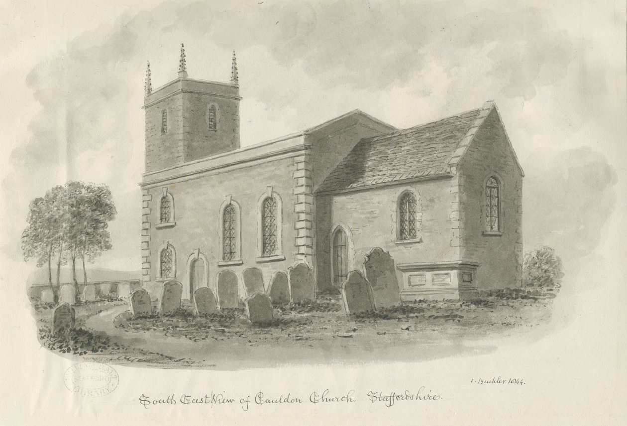 Cauldon Church: sepiateckning, 1844 av John Buckler