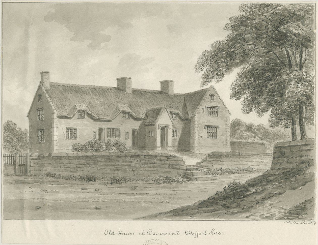 Caverswall Village - Gamla hus: sepiateckning, 1840 av John Buckler