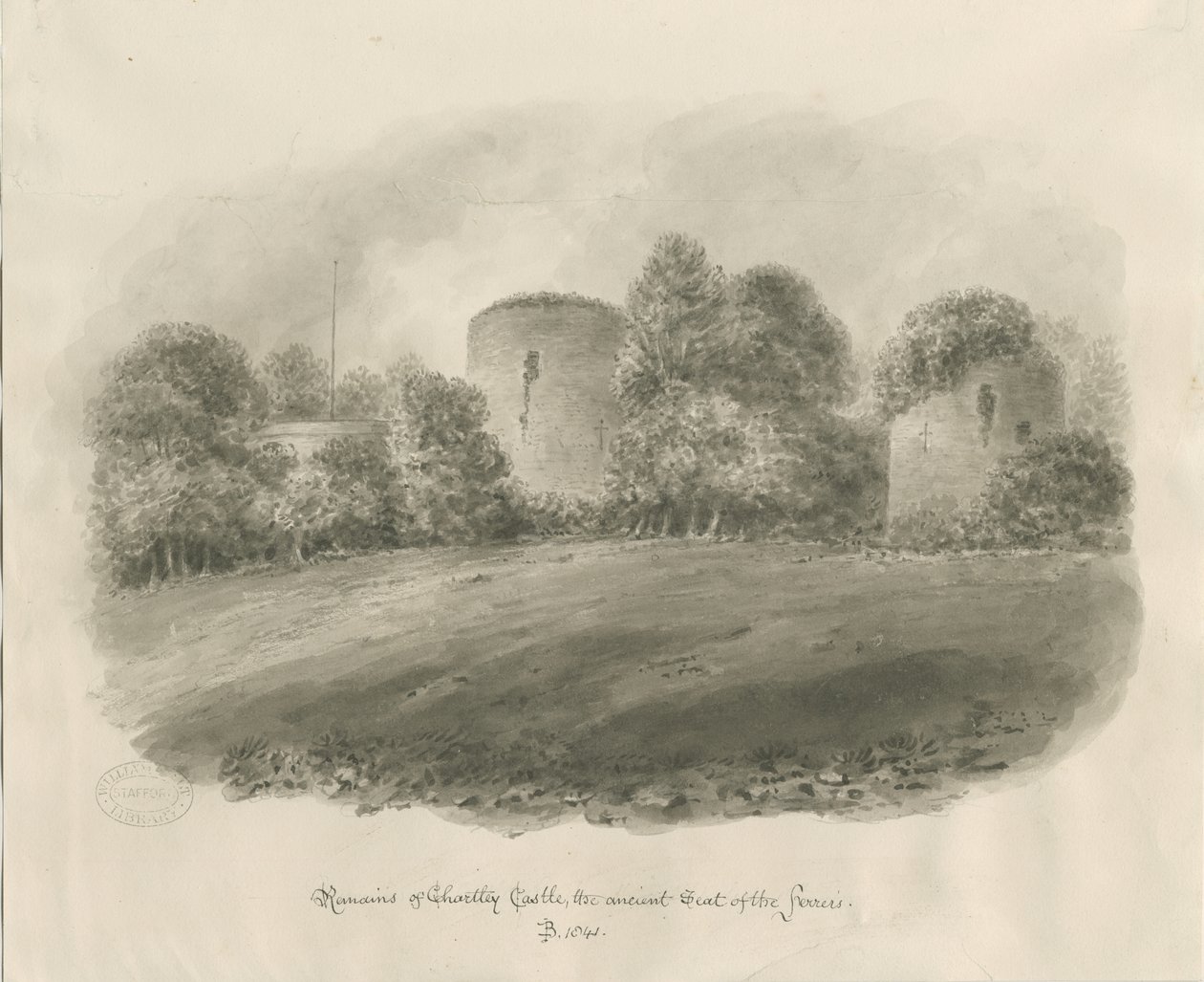 Chartley Castle: sepiateckning av John Buckler