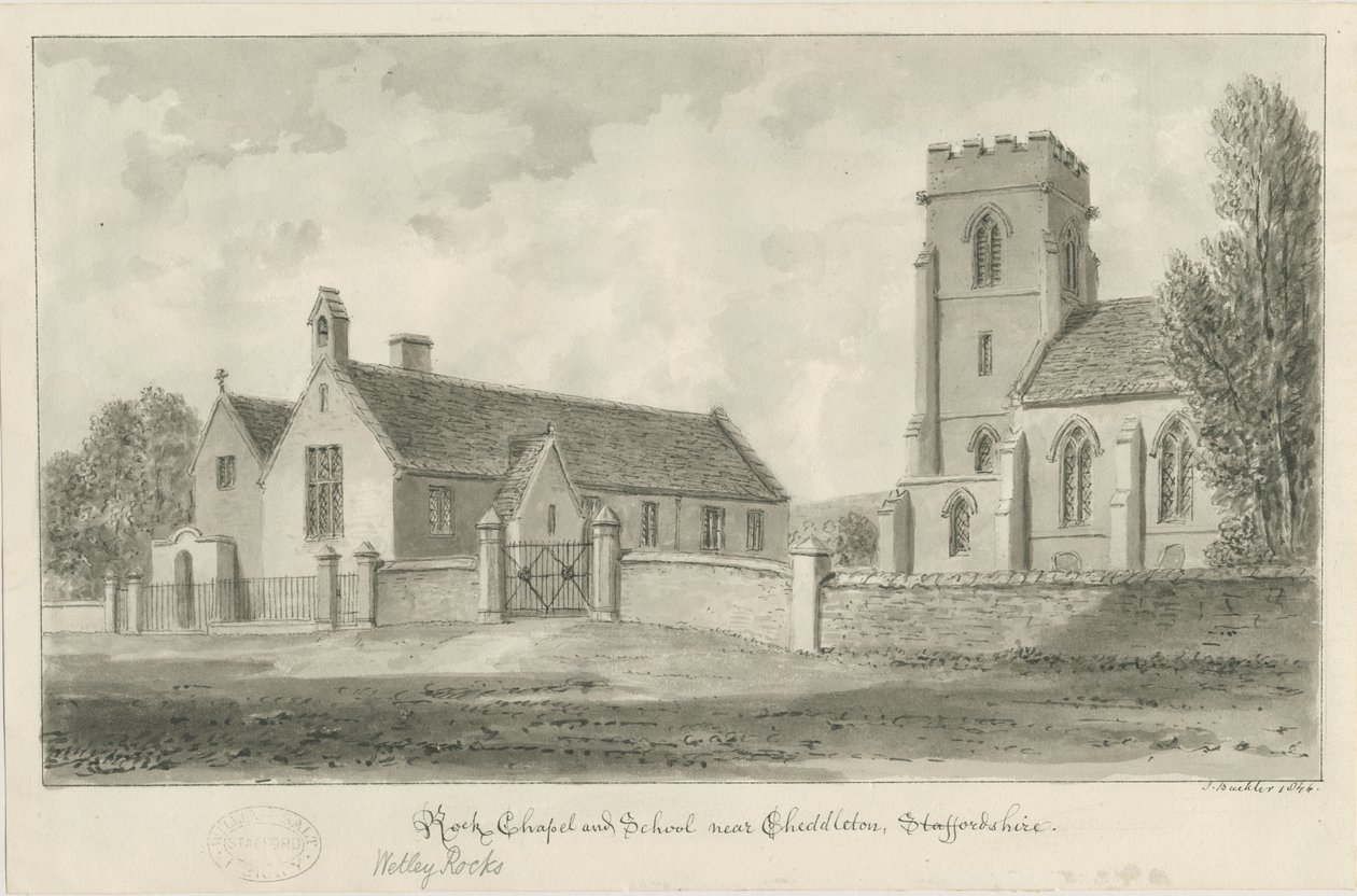 Cheddleton - "Rock" Chapel and School: sepiateckning av John Buckler