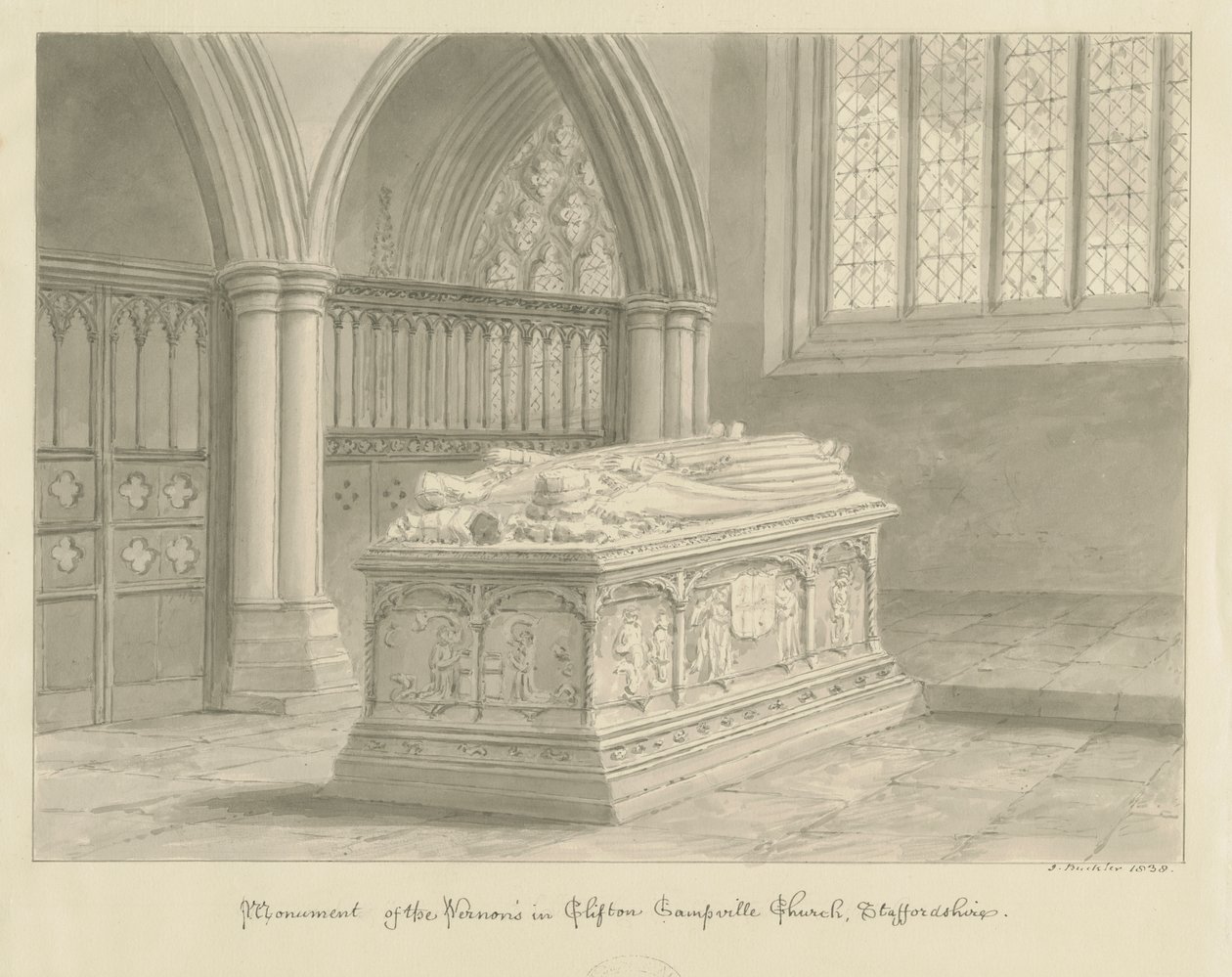 Clifton Campville Church - Vernon Monument: sepiateckning av John Buckler