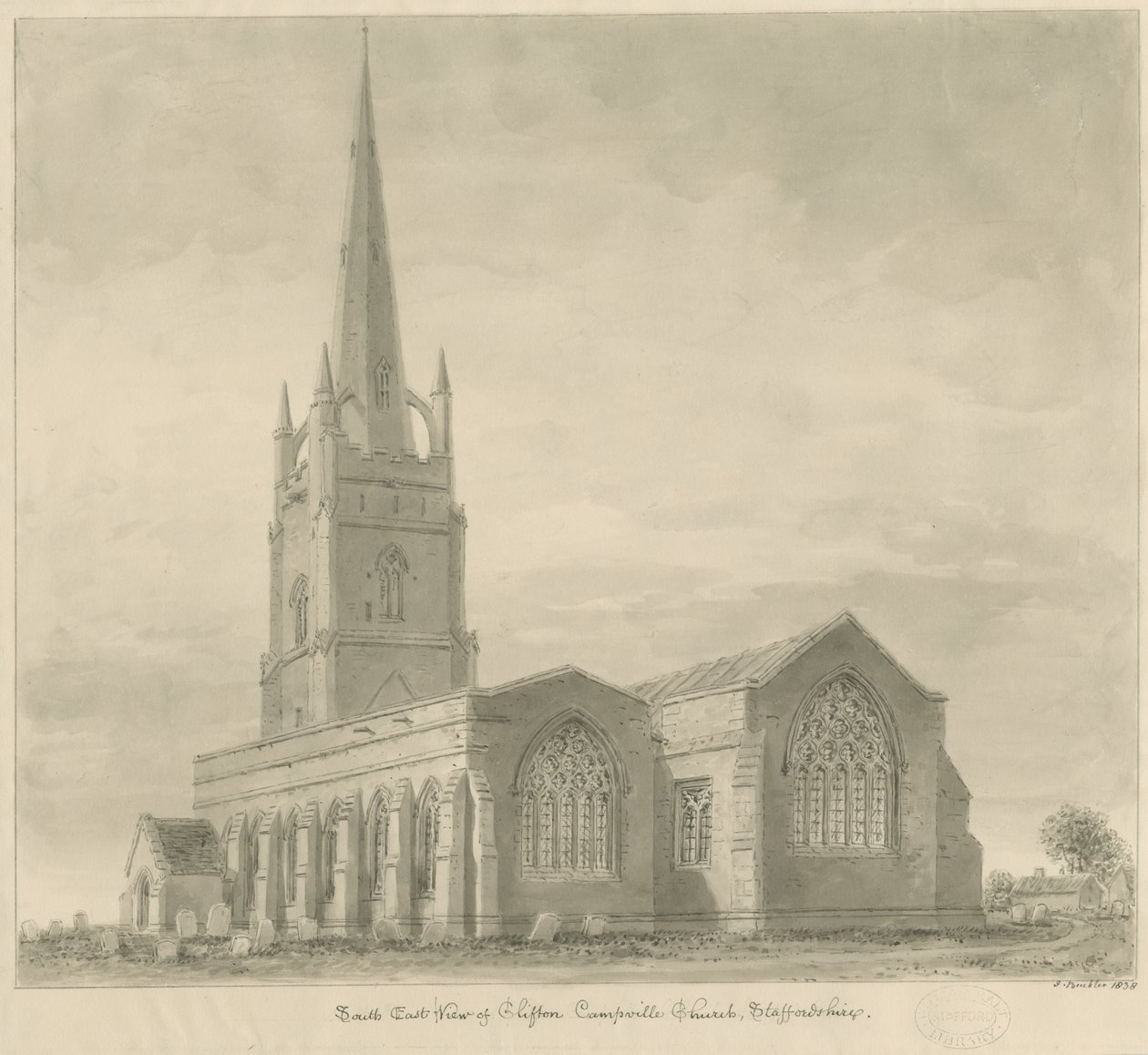 Clifton Campville Church: sepiateckning av John Buckler