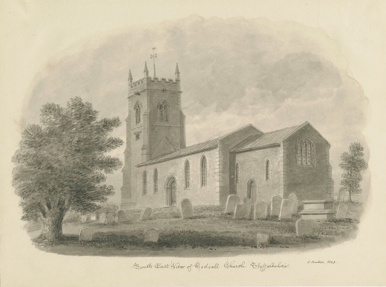 Codsall Church: sepiateckning av John Buckler