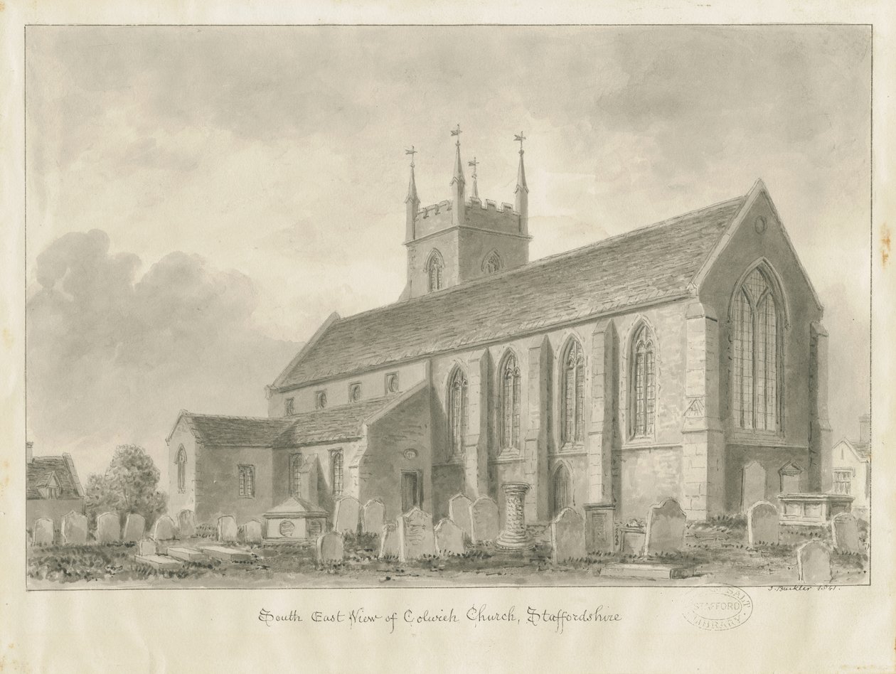 Colwich Church: sepiateckning, 1841 av John Buckler