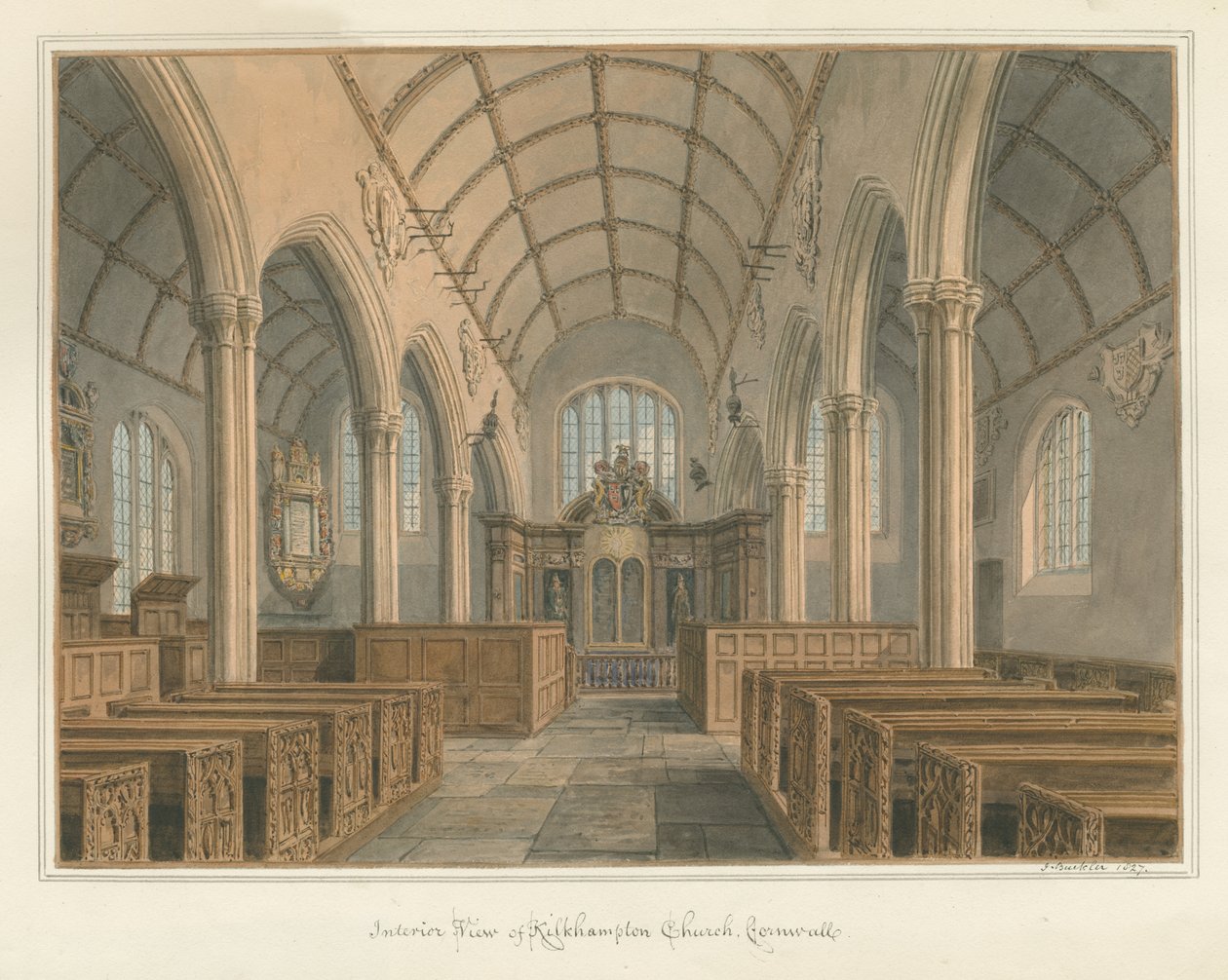 Cornwall - Kilkhampton Church - Interiörvy, 1827 av John Buckler