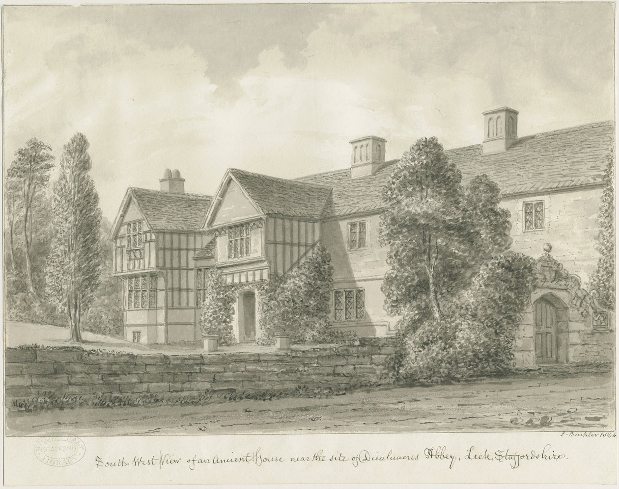 Dieulacres Abbey - Ancient House: sepiateckning av John Buckler