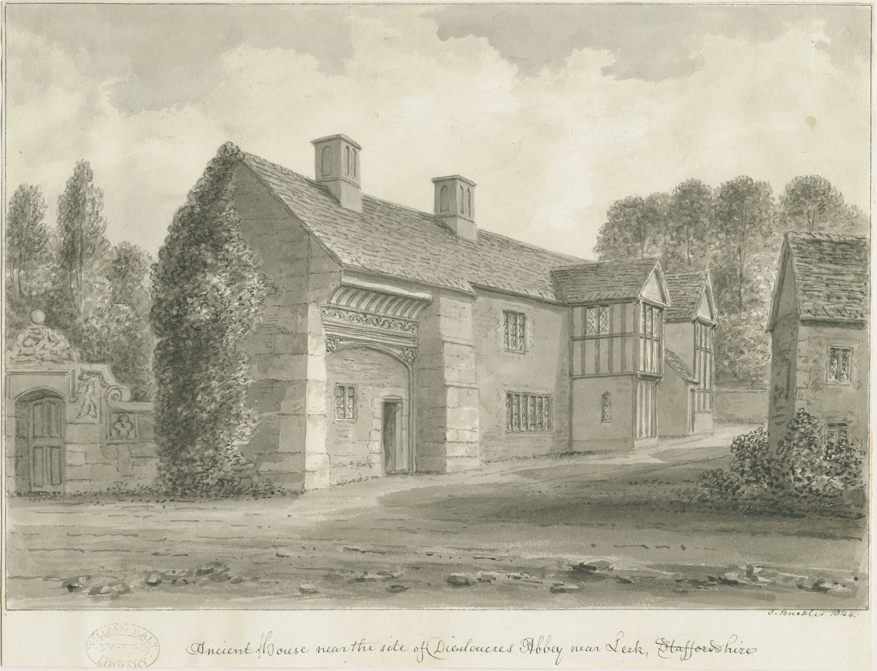 Dieulacres Abbey - Ancient House: sepiateckning av John Buckler