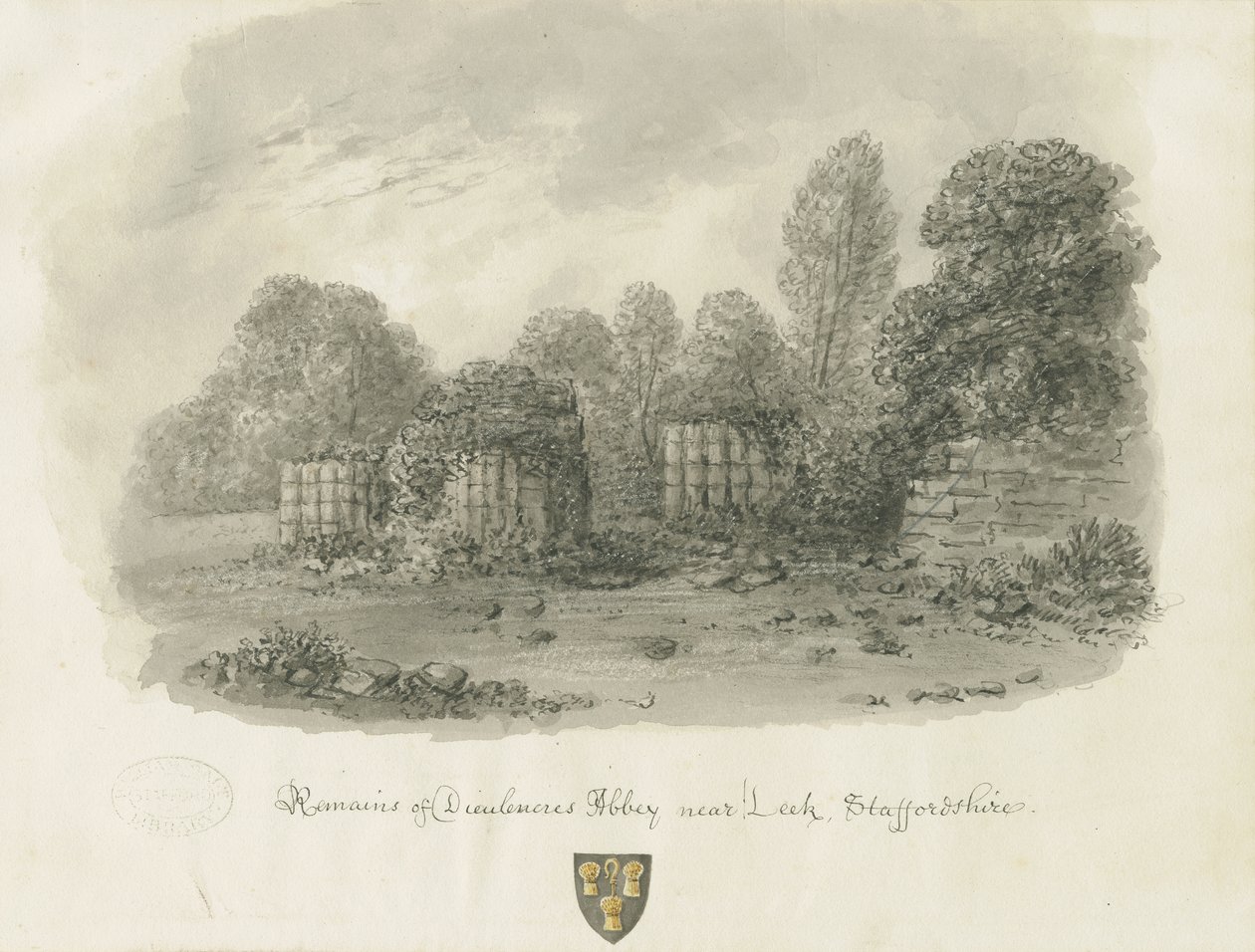 Dieulacres Abbey: sepiatvättteckning, 1847 av John Buckler