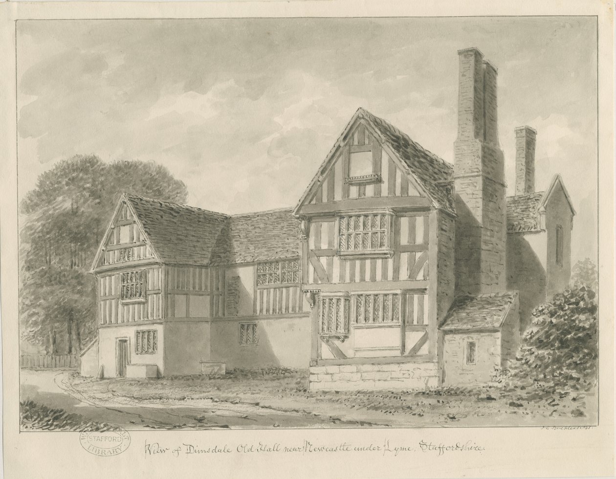 Dimsdale Old Hall: sepiateckning, 1841 av John Buckler