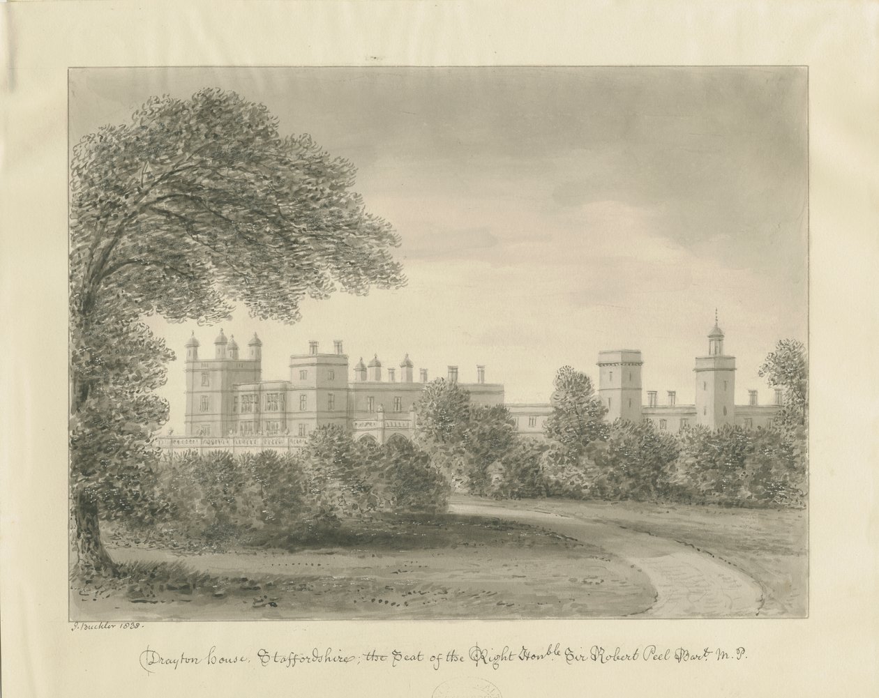 Drayton Bassett - "Drayton Manor": sepiateckning, 1838 av John Buckler