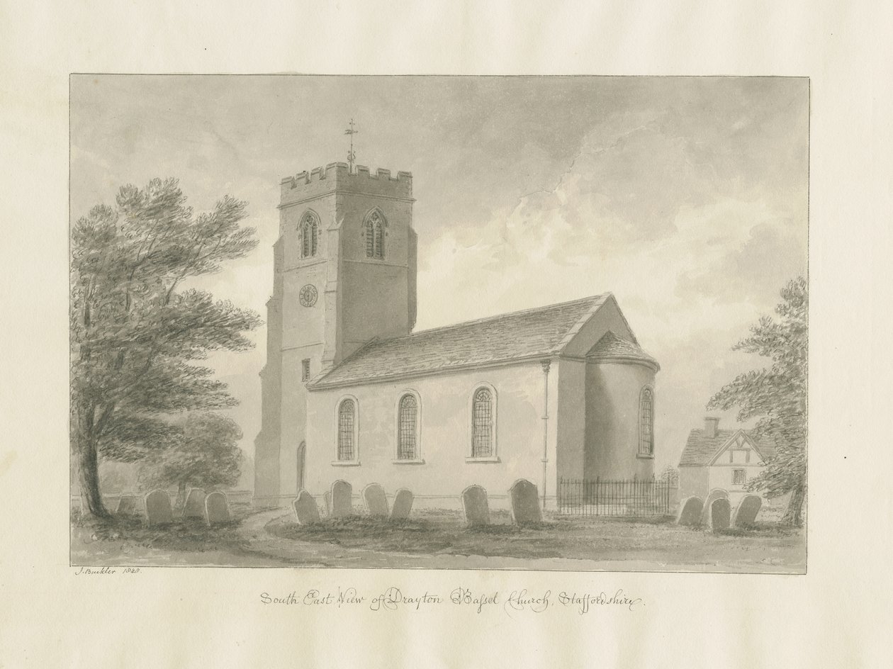 Drayton Bassett Church: sepiateckning, 1848 av John Buckler