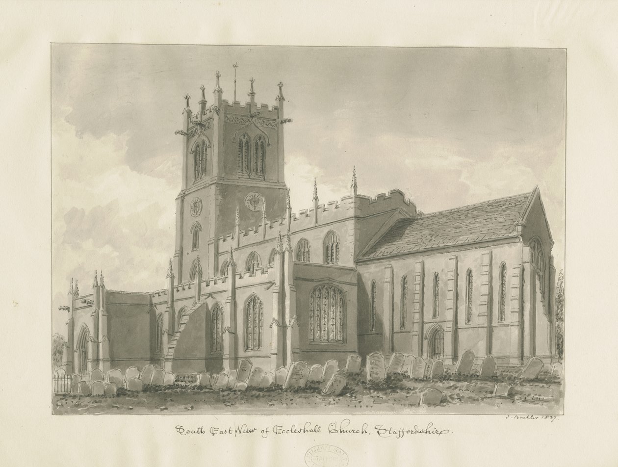 Eccleshall kyrka: sepiateckning av John Buckler