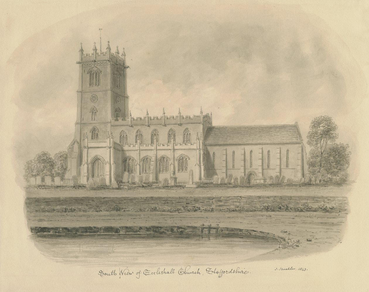 Eccleshall kyrka: sepiateckning av John Buckler
