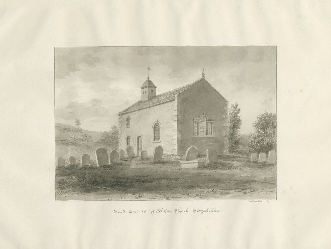 Elkstone Chapel: sepiateckning av John Buckler