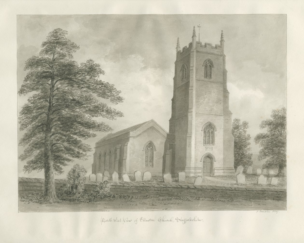 Ellastone Church: sepiateckning, 1847 av John Buckler
