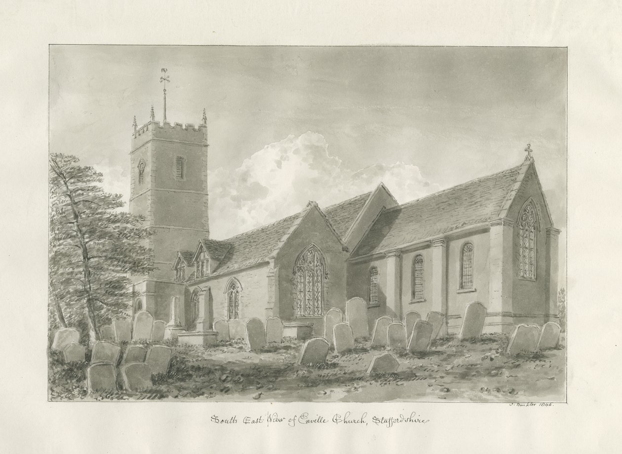Enville kyrka: sepiateckning, 1846 av John Buckler