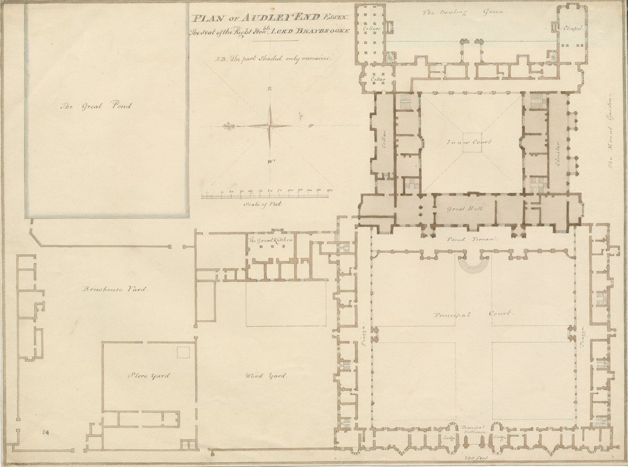 Essex - Audley End - Plan: sepiateckning, 1815 av John Buckler