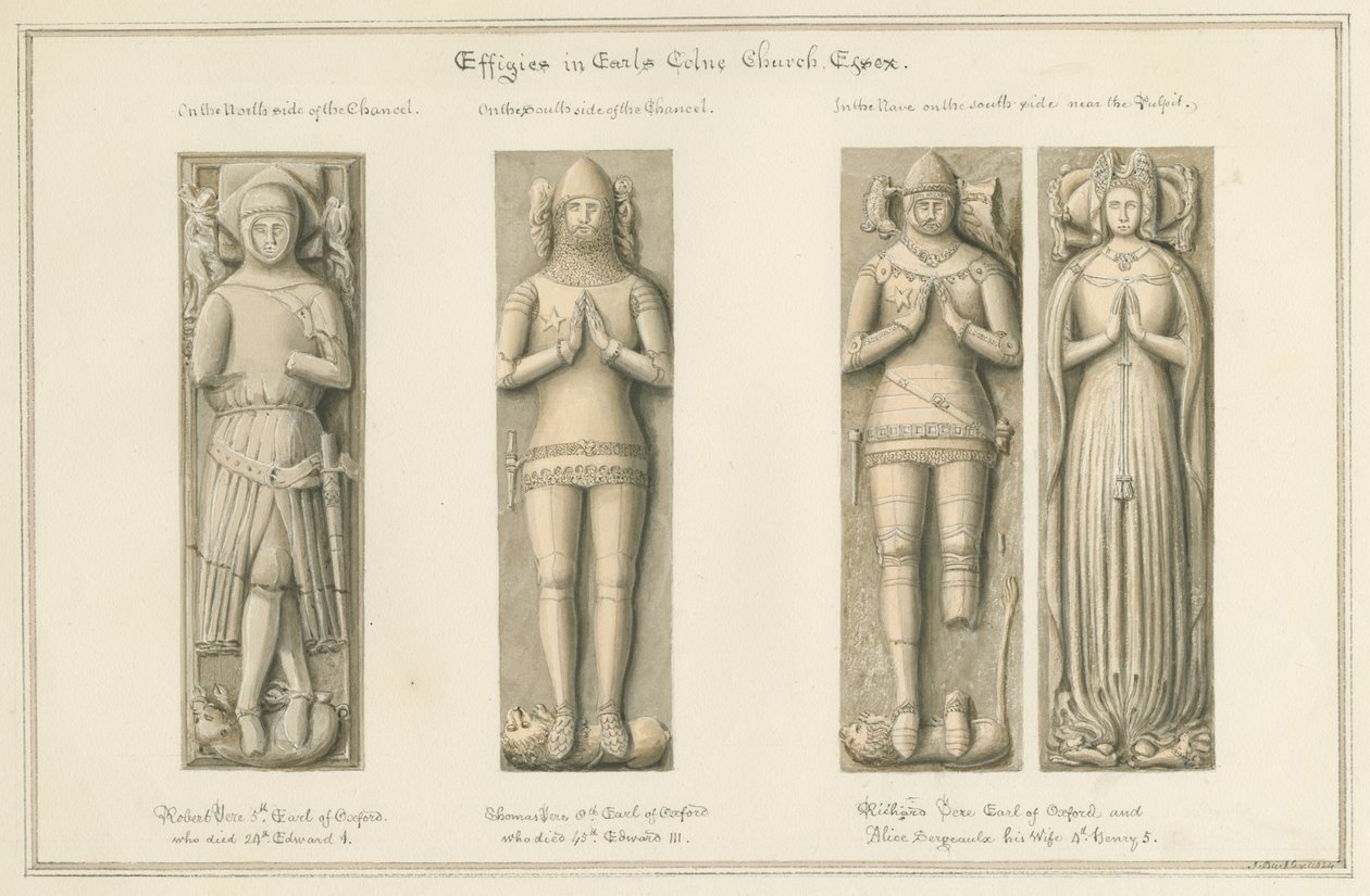 Essex - Earls Colne Church - Effigies: sepiateckning, 1824 av John Buckler