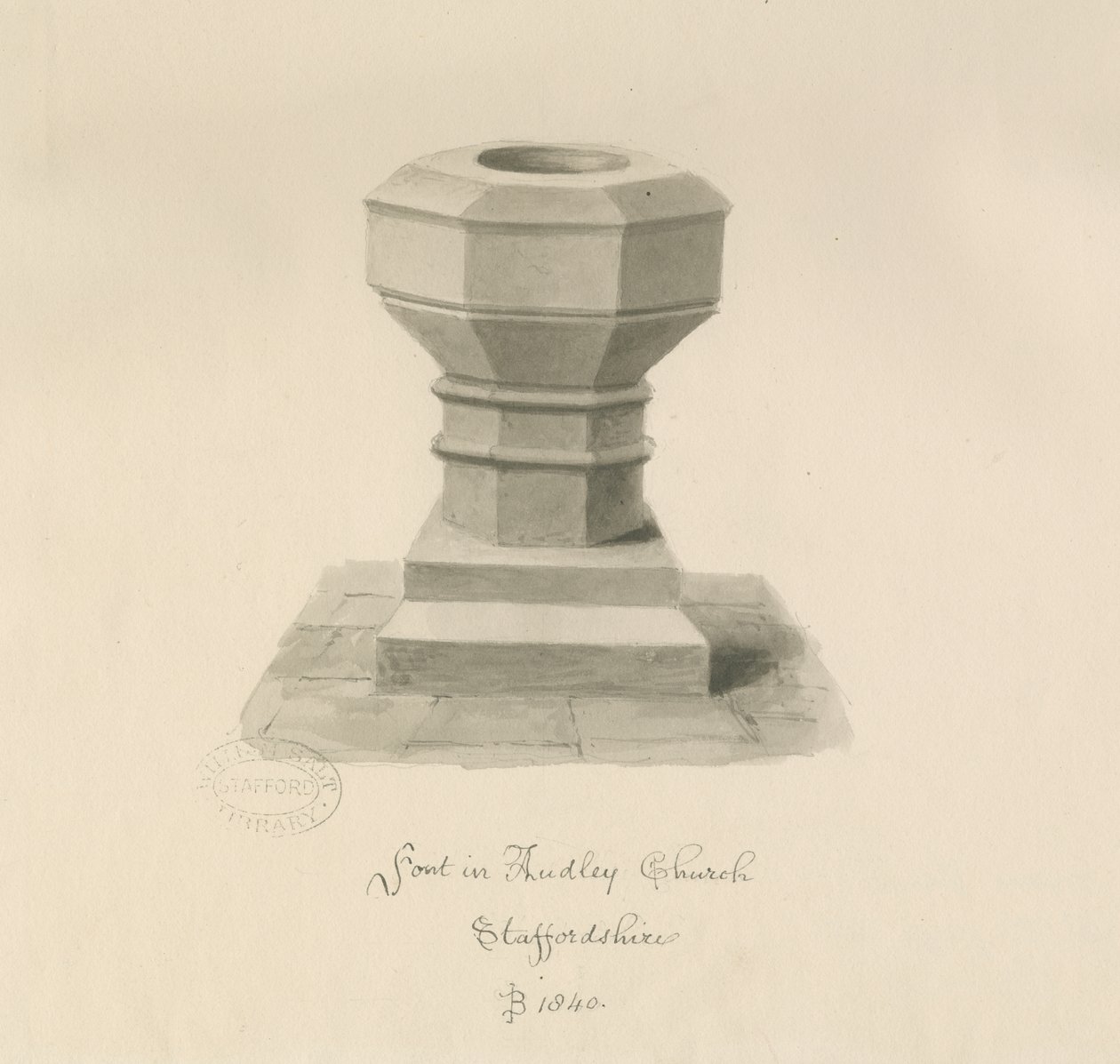 Typsnitt i Audley Church: sepiateckning, 1840 av John Buckler