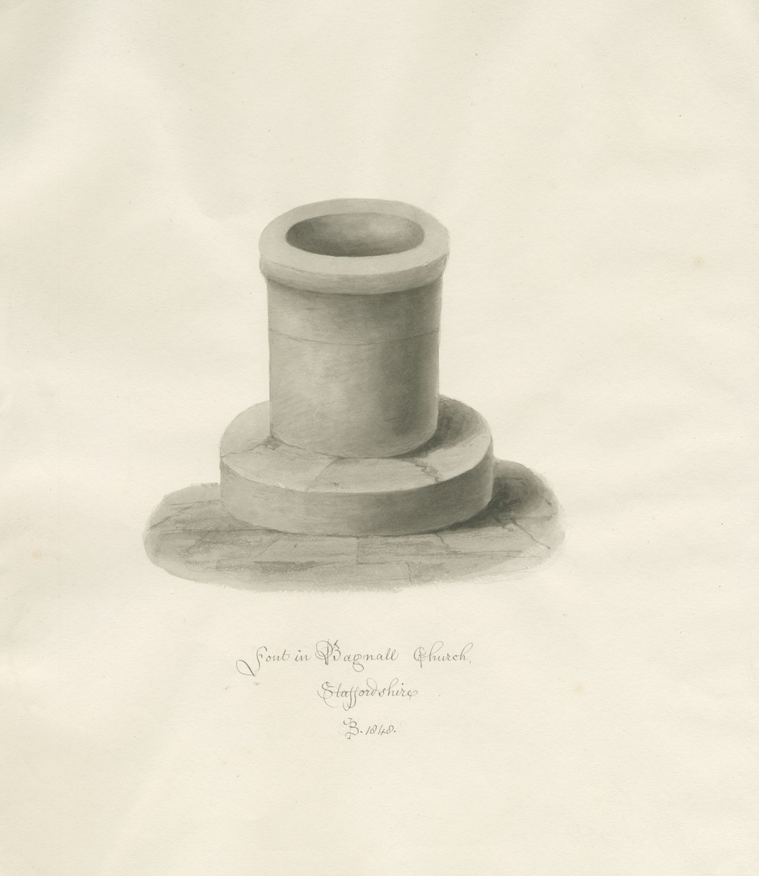 Typsnitt i Bagnall Church: sepiateckning av John Buckler
