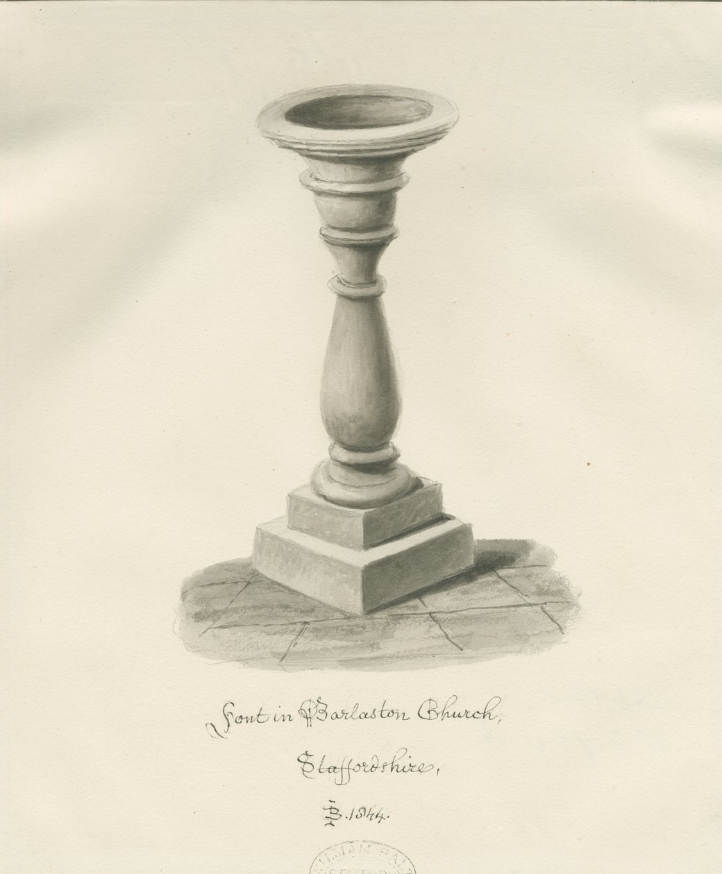 Typsnitt i Barlaston Church: sepiatvättteckning, 1844 av John Buckler