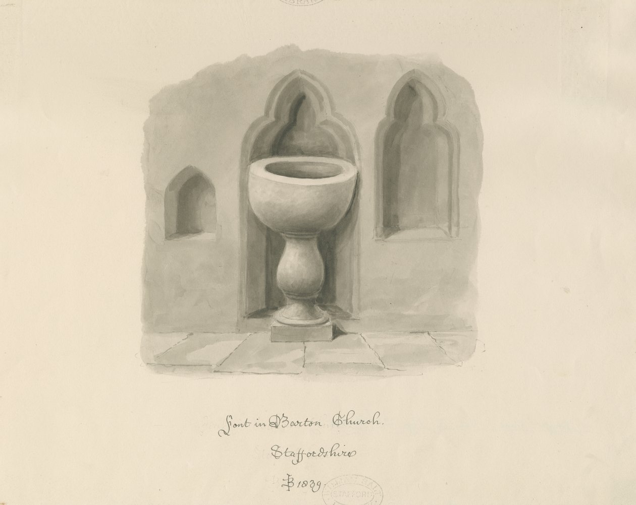 Typsnitt i Barton under Needwood Church: sepiateckning av John Buckler
